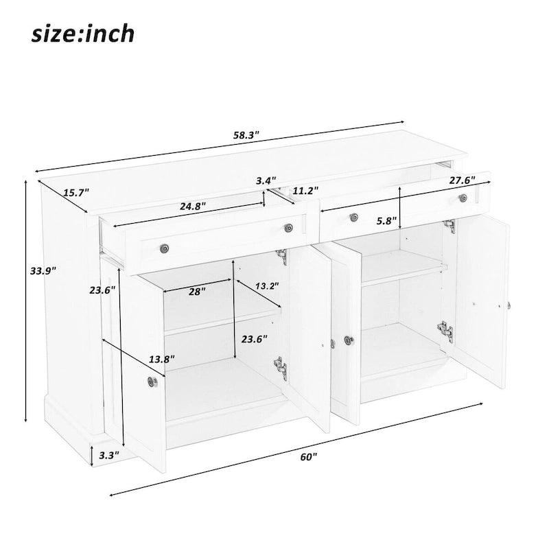 Storage Cabinet White with Drawers and Adjustable Shelves - 58.3W x 15.8D x 33.9H
