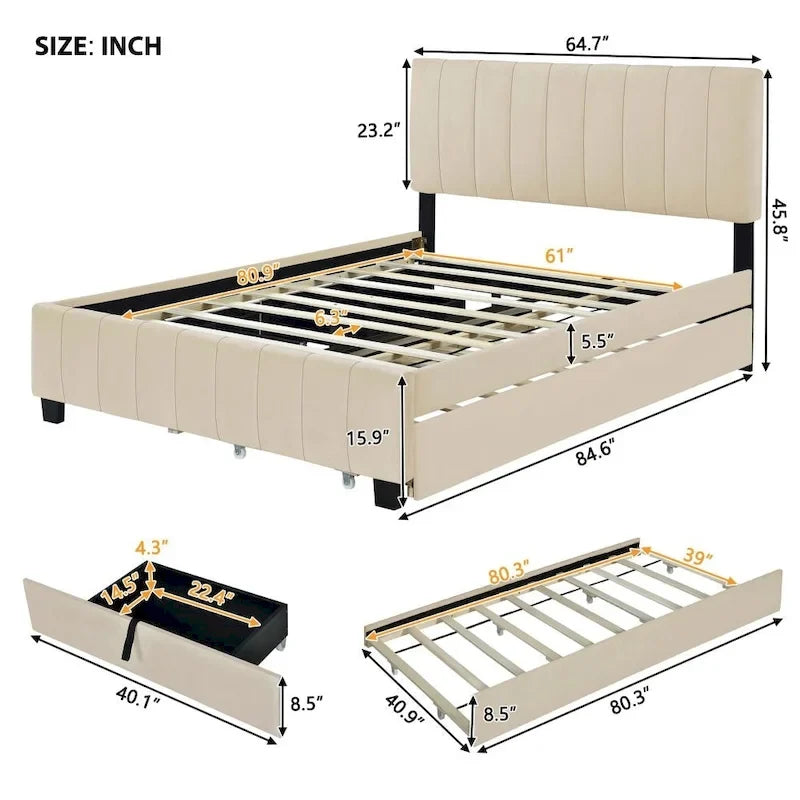 Queen Size Velvet Upholstered Platform Bed