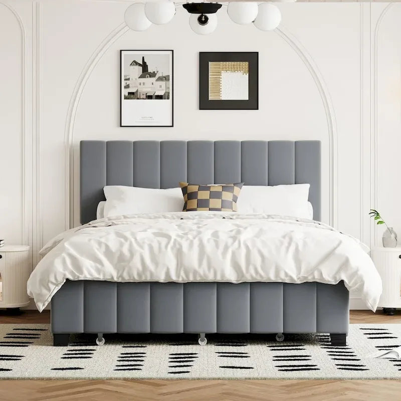 Queen Size Velvet Upholstered Platform Bed