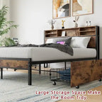 Queen Bed Frame with Storage Headboard and 4 Drawers, Metal Platform Bed with Charging Station
